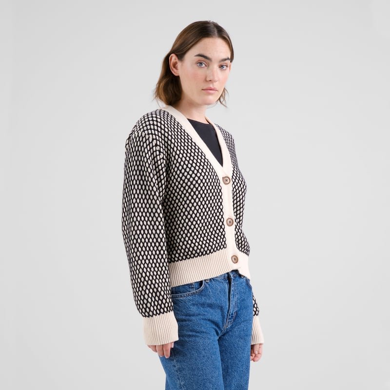 Kanan Cardigan Organic Cotton Bubble Knit in Black/Vanilla White - Image 3