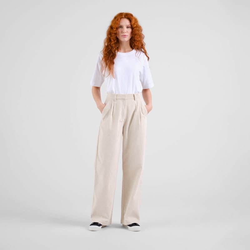 Vickeleby Organic Cotton Corduroy Pleated Trousers in Off-White