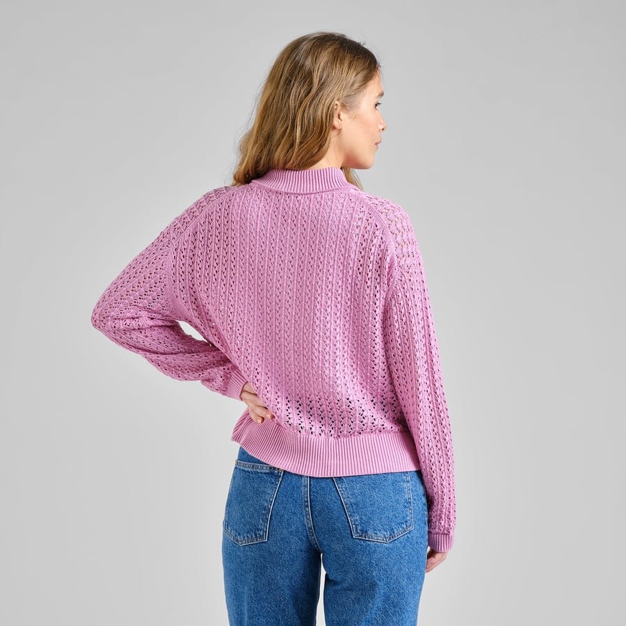Rosendal Crochet Organic Cotton Knitted Cardigan in Pink - Image 2