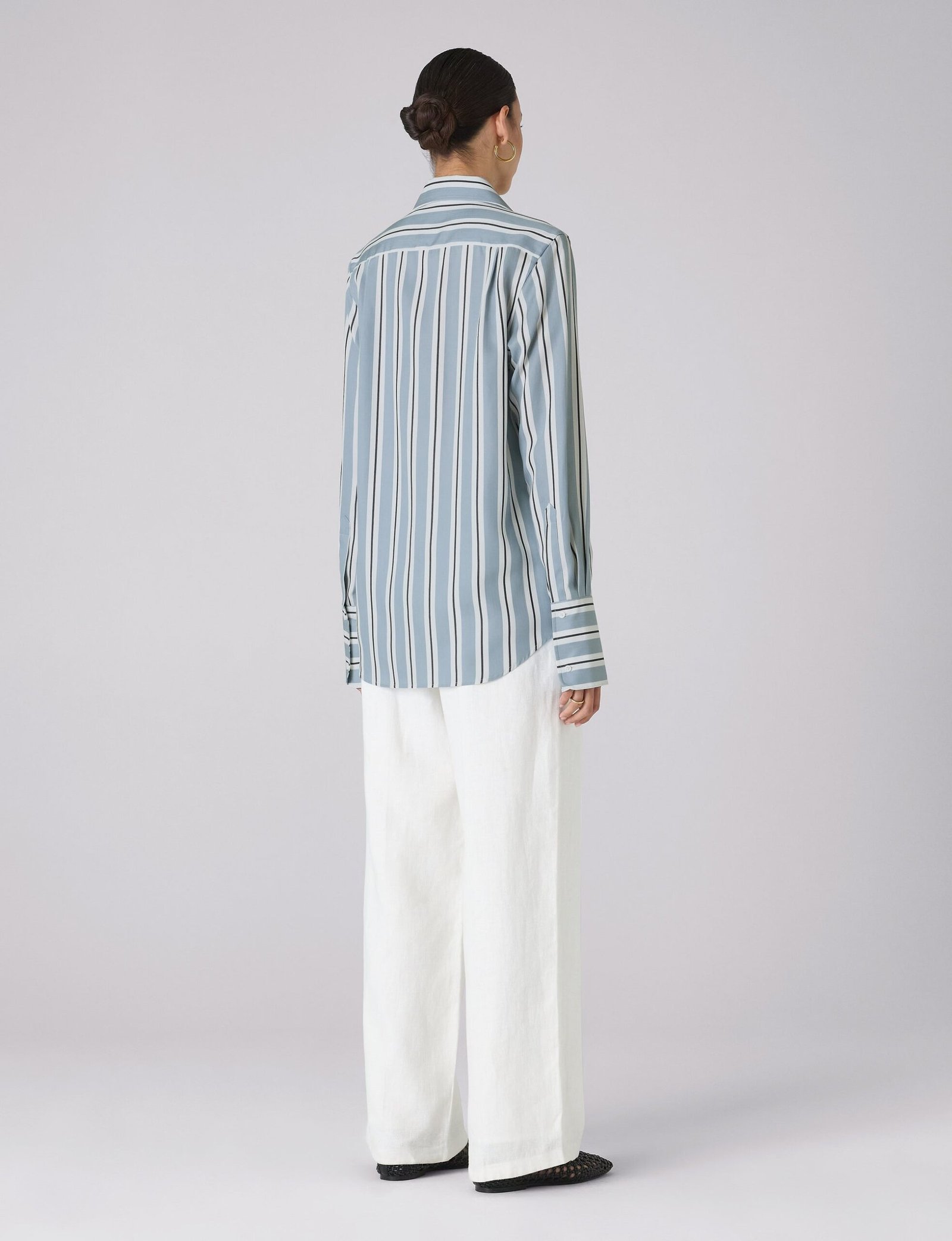 Boyfriend Exaggerated Cuff Tencel Button Down Shirt in Slate and Blue Stripe - Image 4