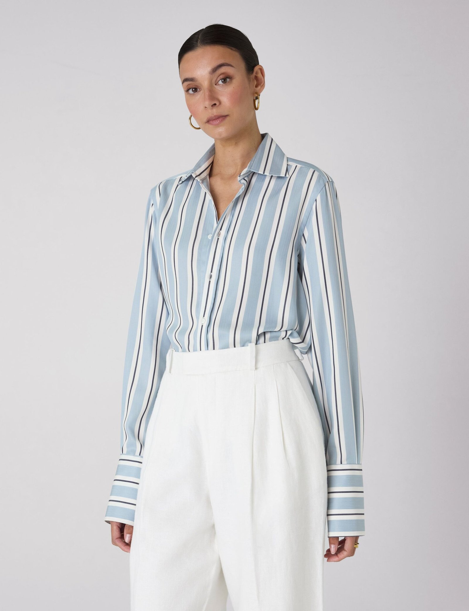 Boyfriend Exaggerated Cuff Tencel Button Down Shirt in Slate and Blue Stripe - Image 2