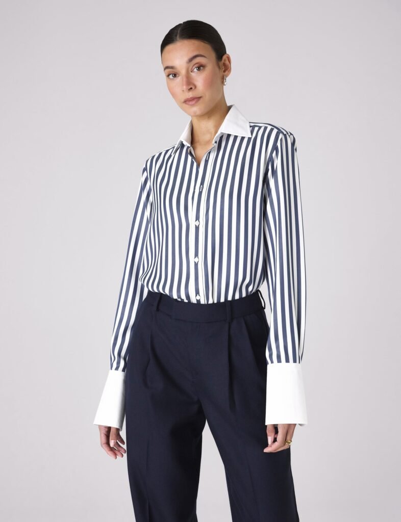 Boyfriend Exaggerated Cuff Tencel Button Down Shirt in Navy Blue Stripe