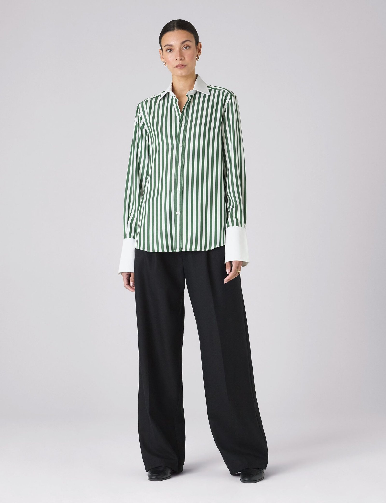 Boyfriend Exaggerated Cuff Tencel Button Down Shirt in Forest Green Stripe - Image 2