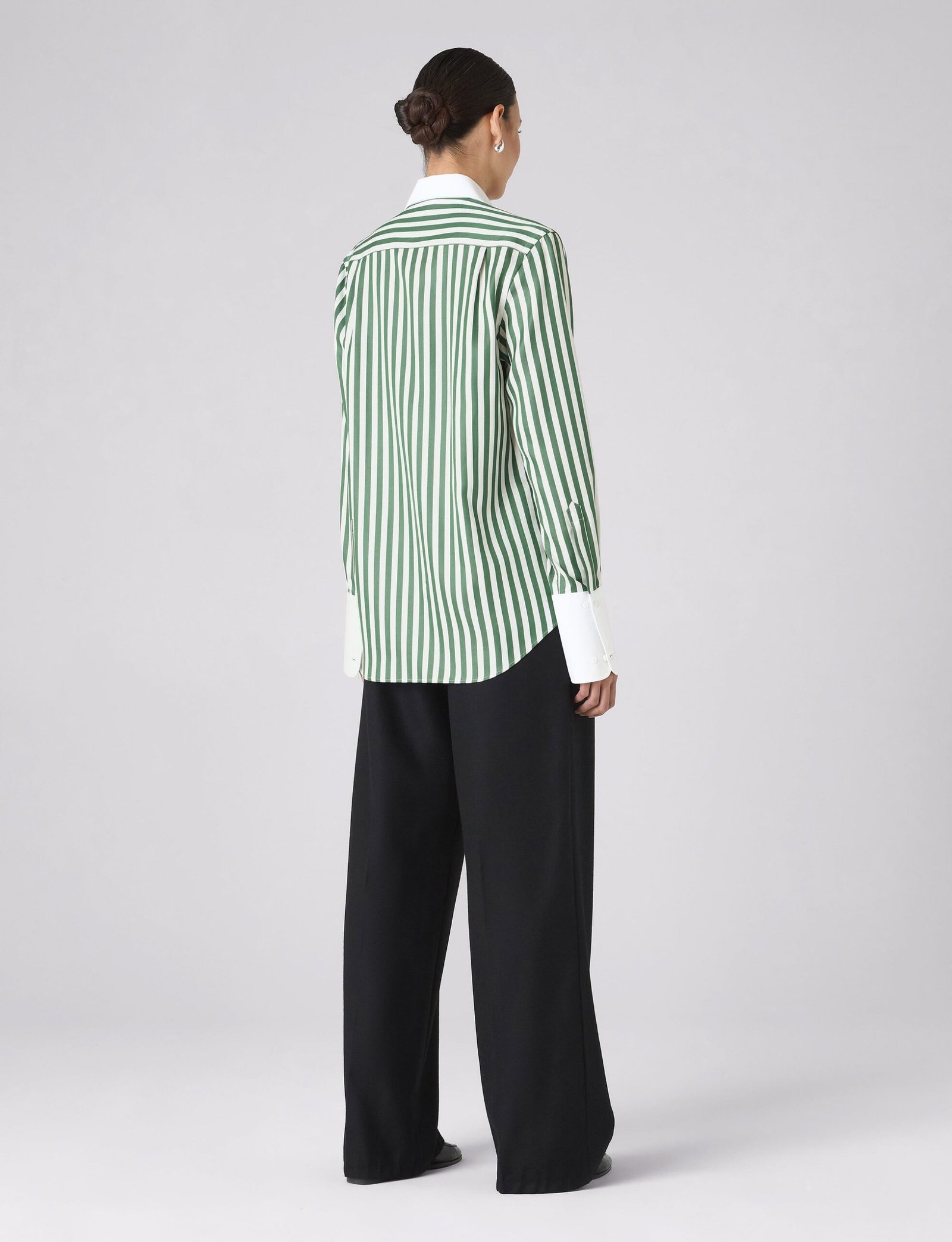 Boyfriend Exaggerated Cuff Tencel Button Down Shirt in Forest Green Stripe - Image 4
