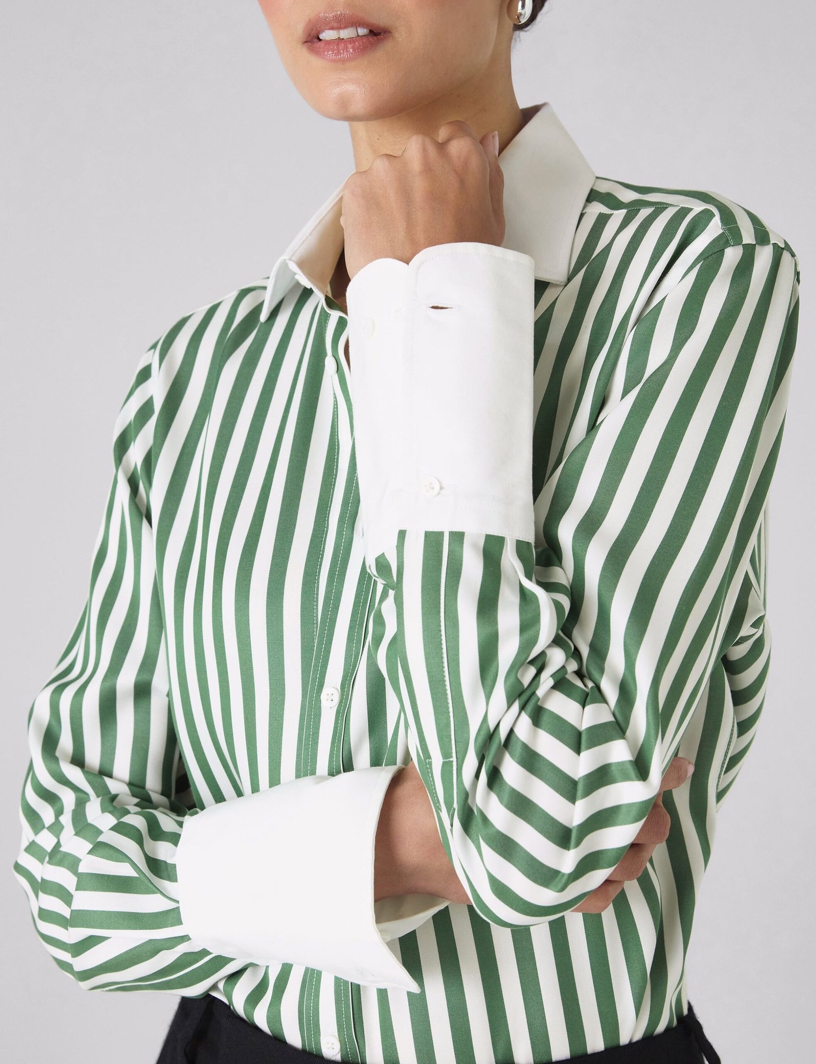 Boyfriend Exaggerated Cuff Tencel Button Down Shirt in Forest Green Stripe - Image 3