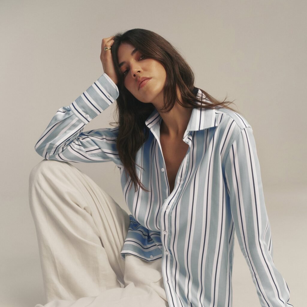 Boyfriend Exaggerated Cuff Tencel Button Down Shirt in Slate and Blue Stripe