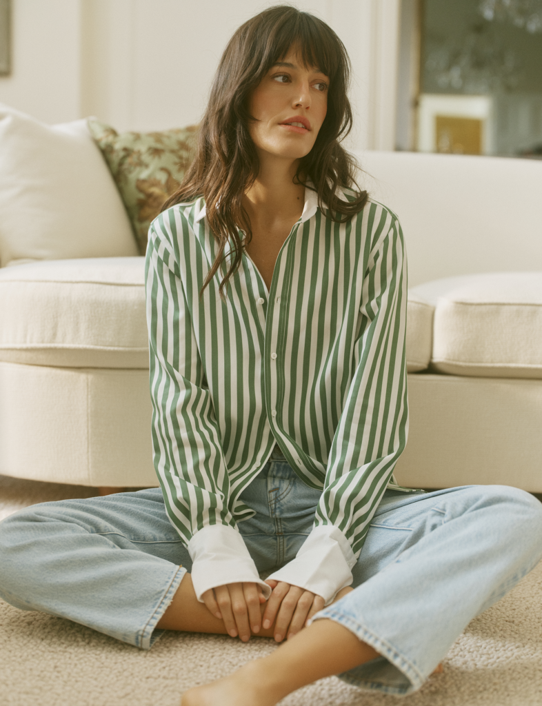 Boyfriend Exaggerated Cuff Tencel Button Down Shirt in Forest Green Stripe