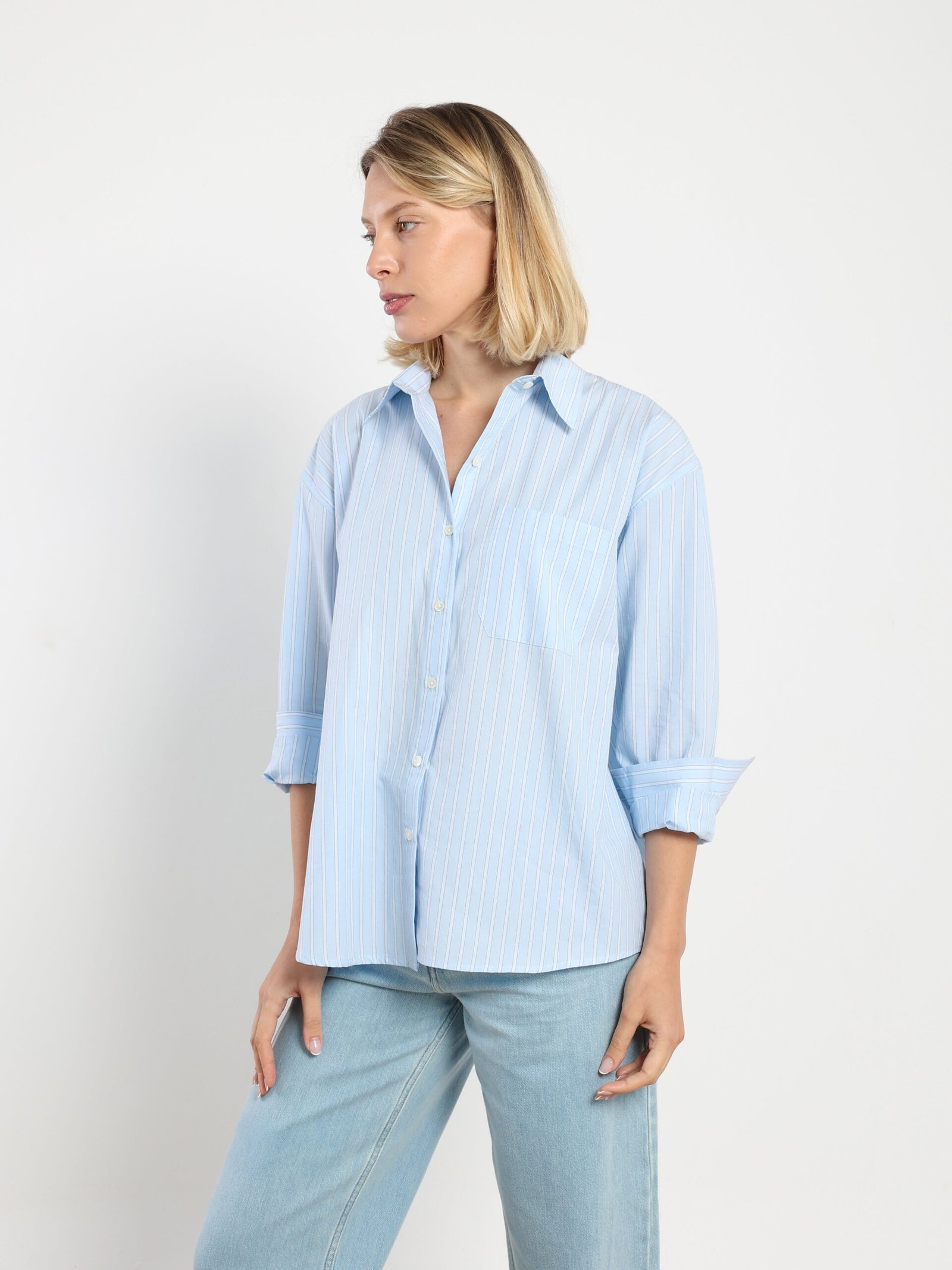 Farah Button Up in Light Blue Stripe - Image 3