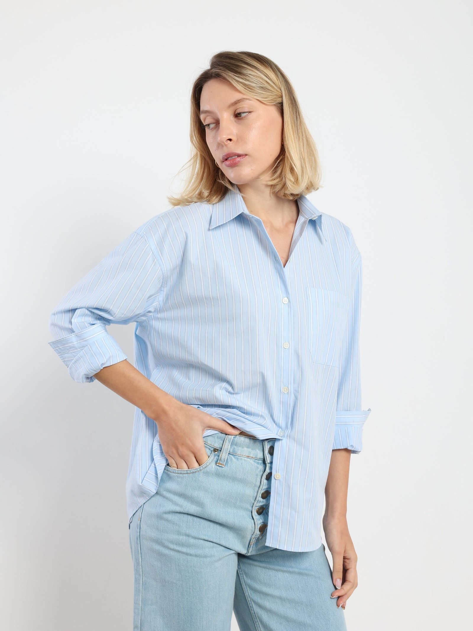 Farah Button Up in Light Blue Stripe - Image 2