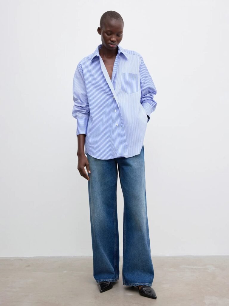 Asymmetric Organic Cotton Striped Shirt in Blue