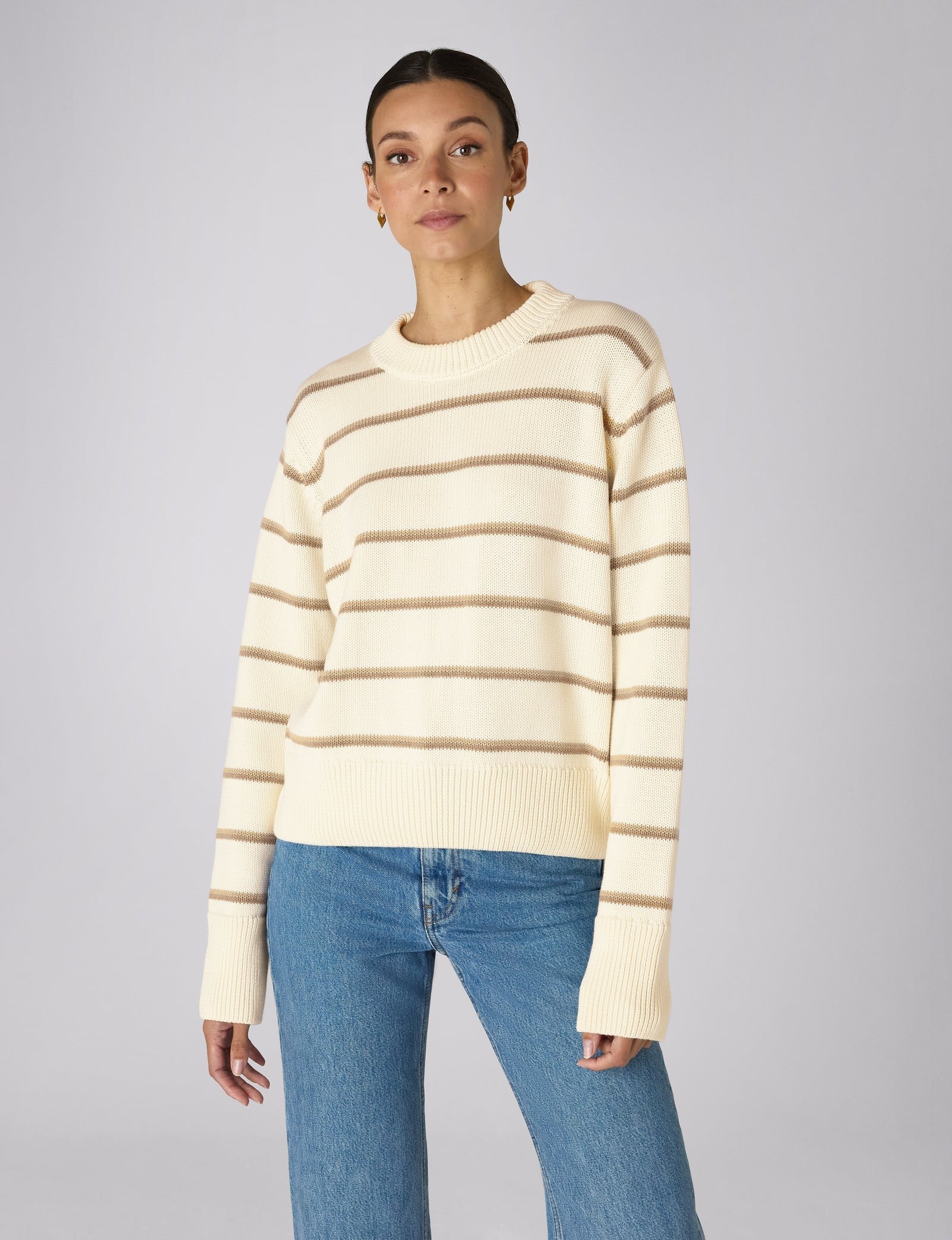Devon Cotton Jumper in Ecru and Latte Stripe - Image 2