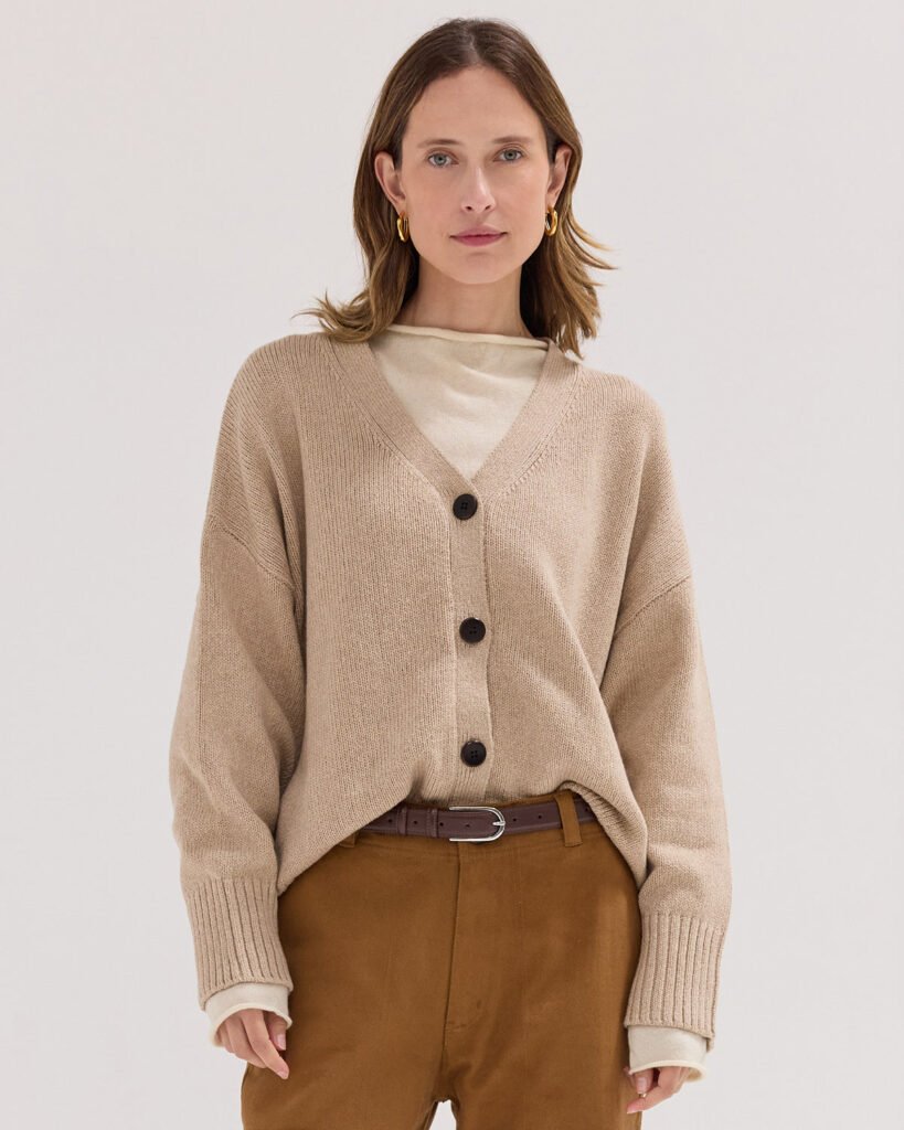 The Organic Cotton and Wool Cardigan in Almond