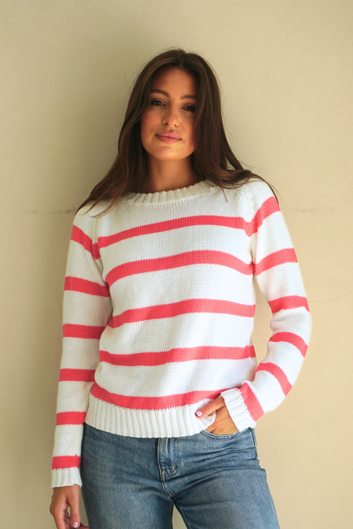 Stripe Sloane Crewneck in Raspberry - Image 2