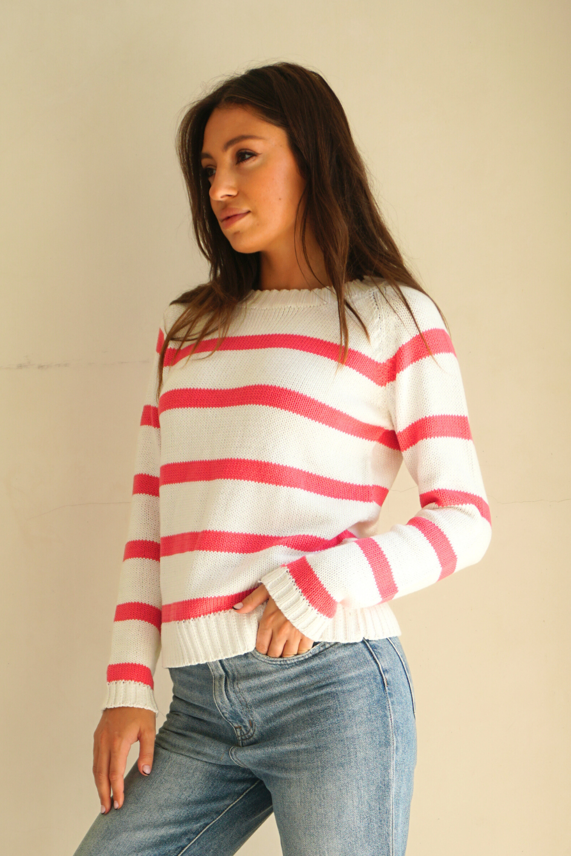 Stripe Sloane Crewneck in Raspberry - Image 3