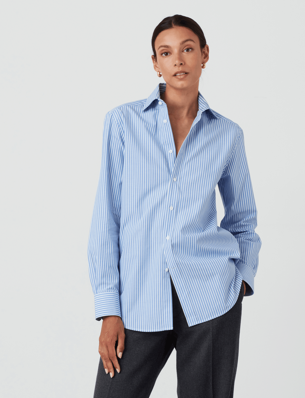 Boyfriend Fine Organic Cotton Striped Button Down Shirt in Royal Blue Stripe - Image 3
