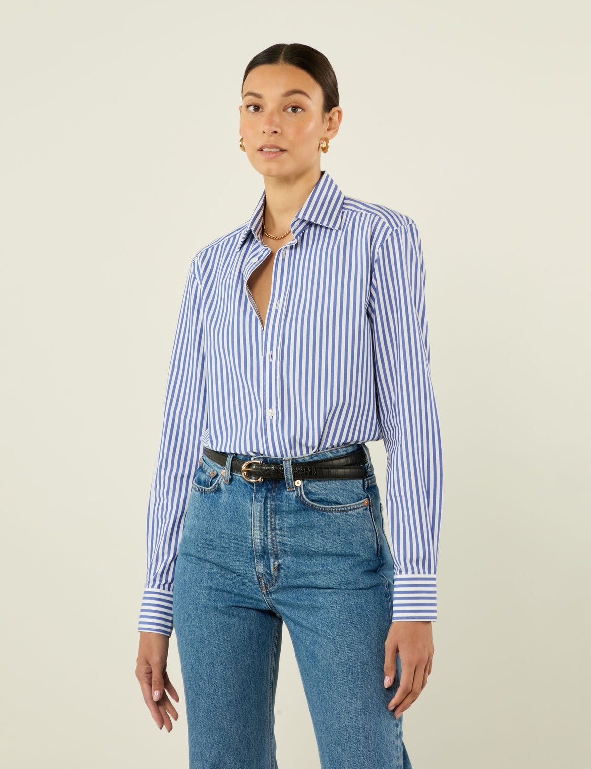 Boyfriend Fine Organic Cotton Striped Button Down Shirt in Royal Blue Stripe