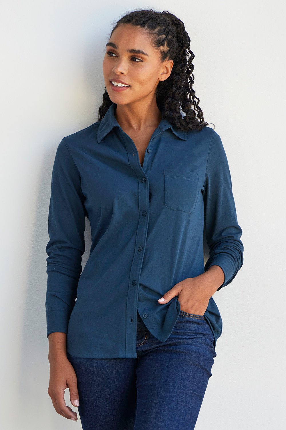 Organic Cotton Knit Button Down Shirt in Blue