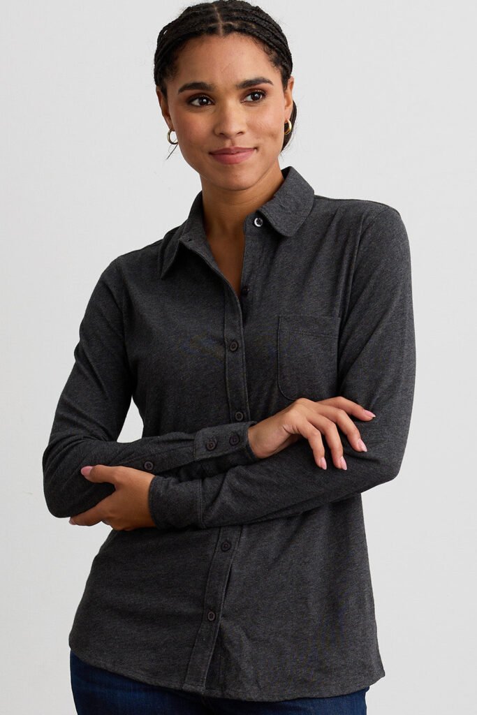 Organic Cotton Knit Button Down Shirt in Gray