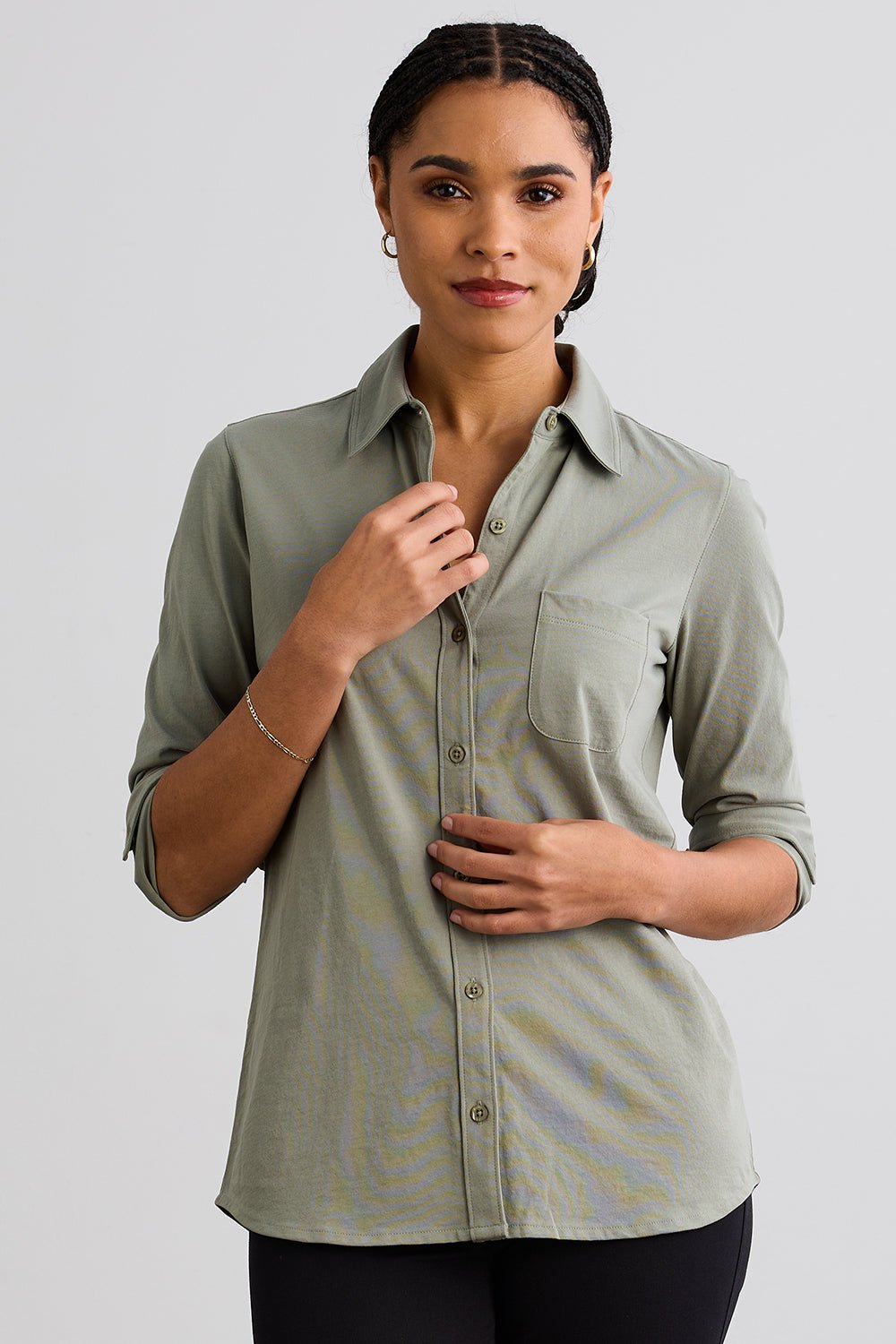 Organic Cotton Knit Button Down Shirt in Beige - Image 2
