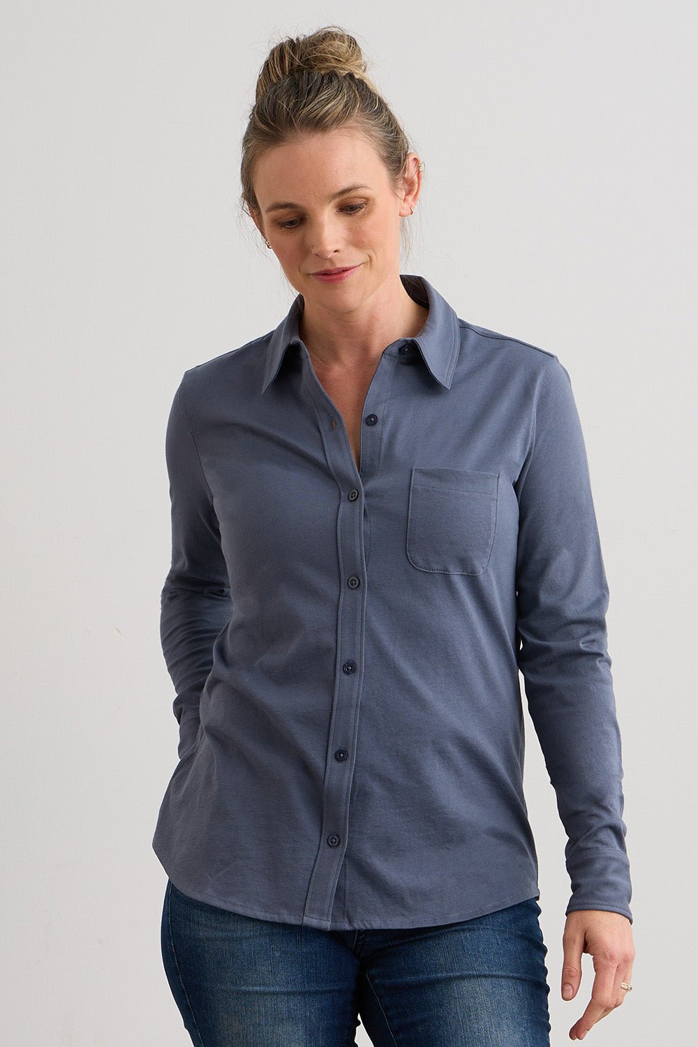 Organic Cotton Knit Button Down Shirt in Beige - Image 5