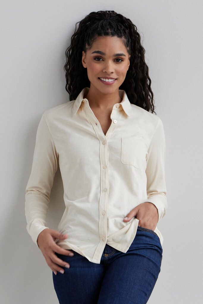Organic Cotton Knit Button Down Shirt in Beige