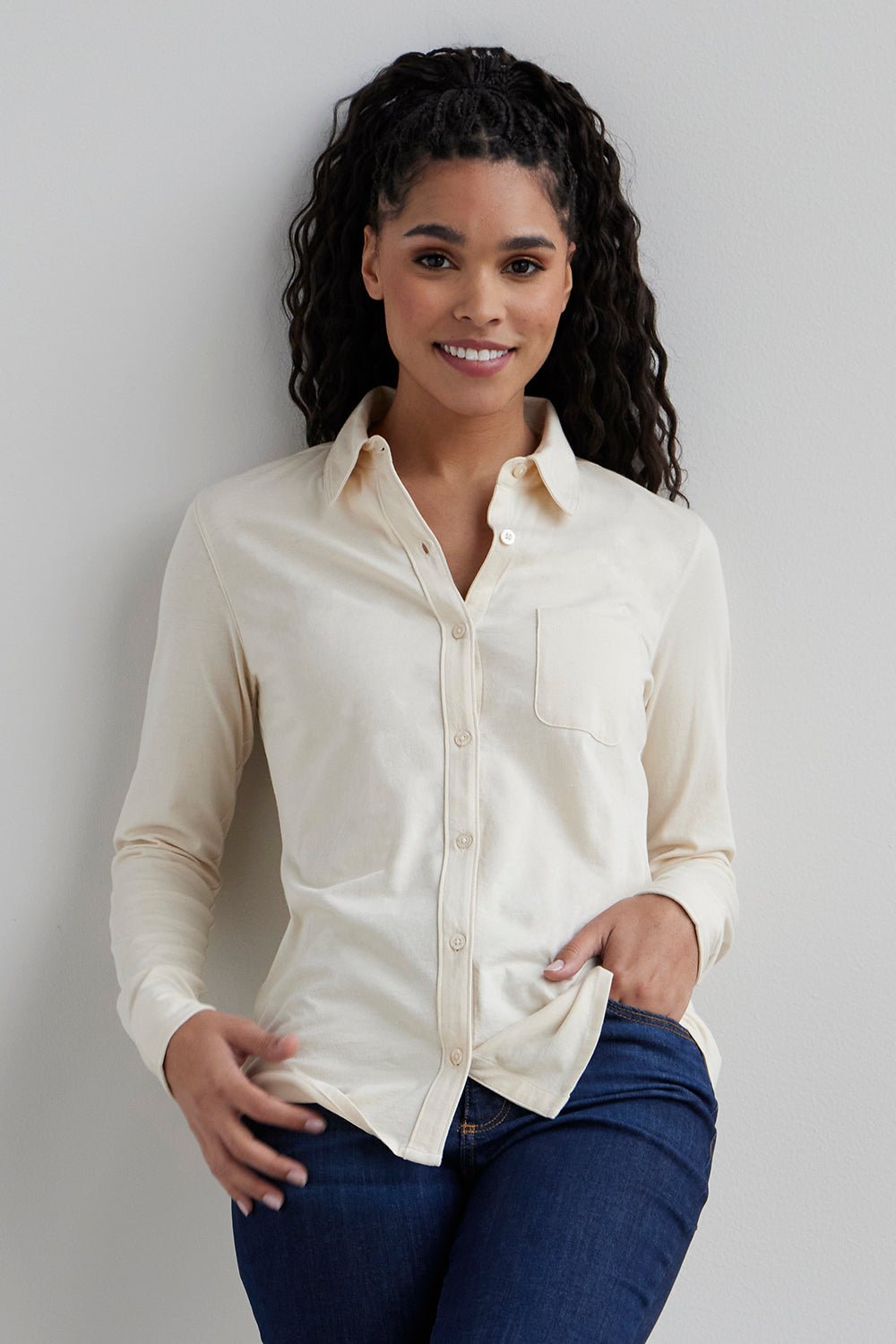 Organic Cotton Knit Button Down Shirt in Blue - Image 3