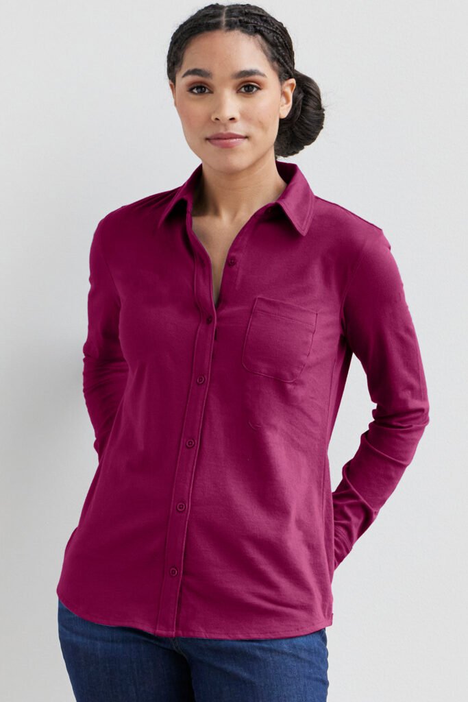 Organic Cotton Knit Button Down Shirt in Burgundy