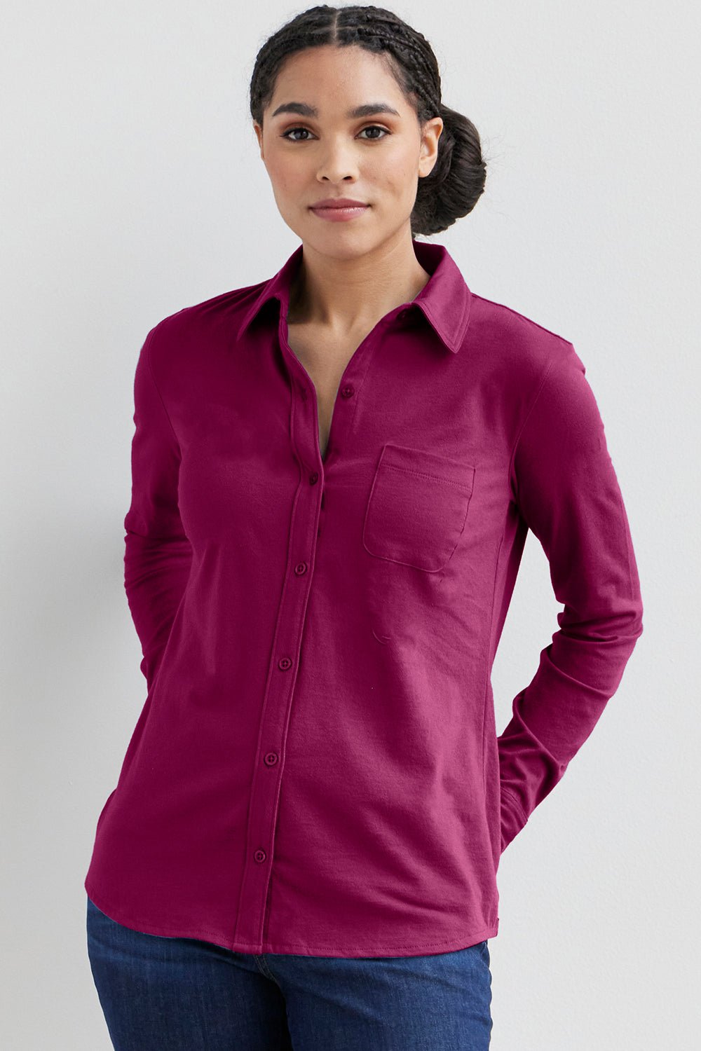 Organic Cotton Knit Button Down Shirt in Burgundy