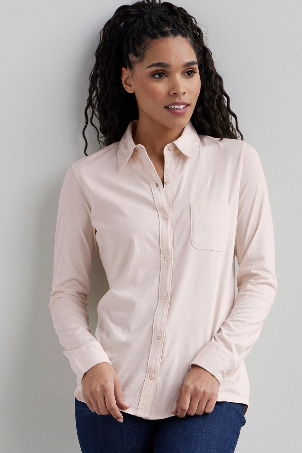 Organic Cotton Knit Button Down Shirt in Blue - Image 5