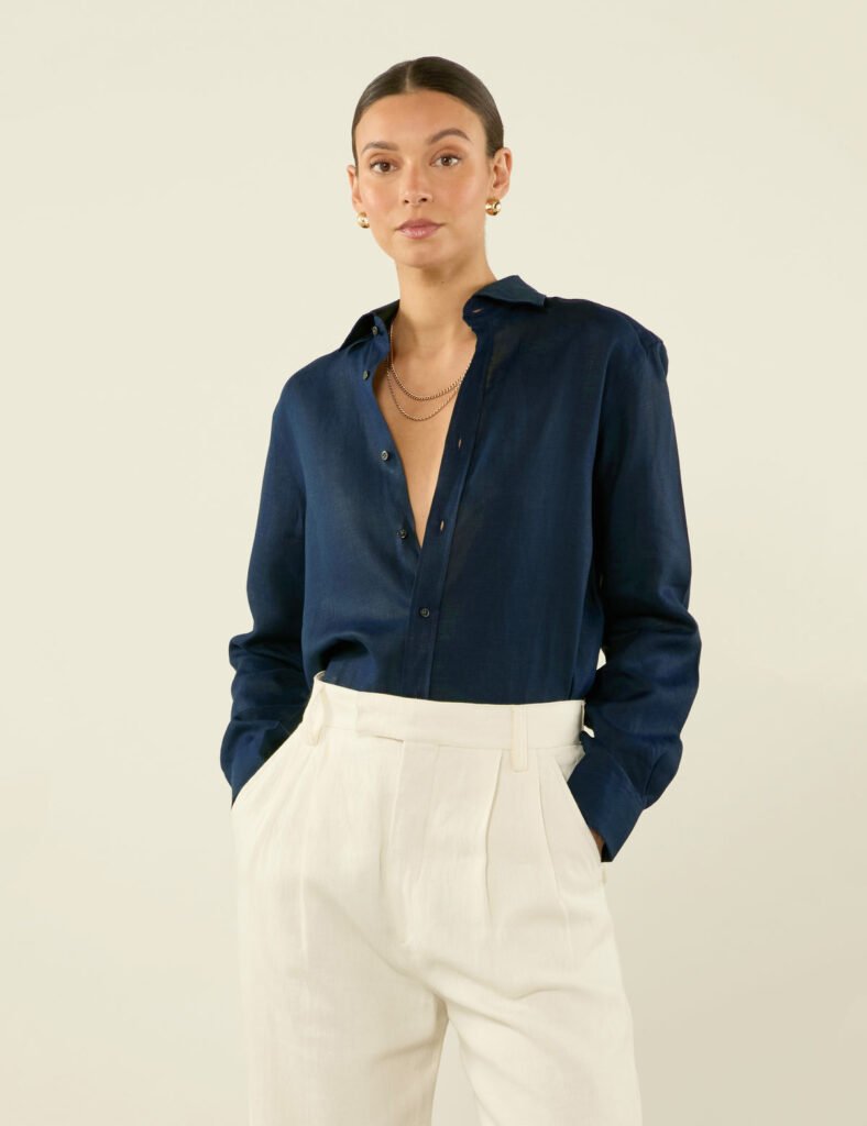 Boyfriend Linen Button Down Shirt in Navy