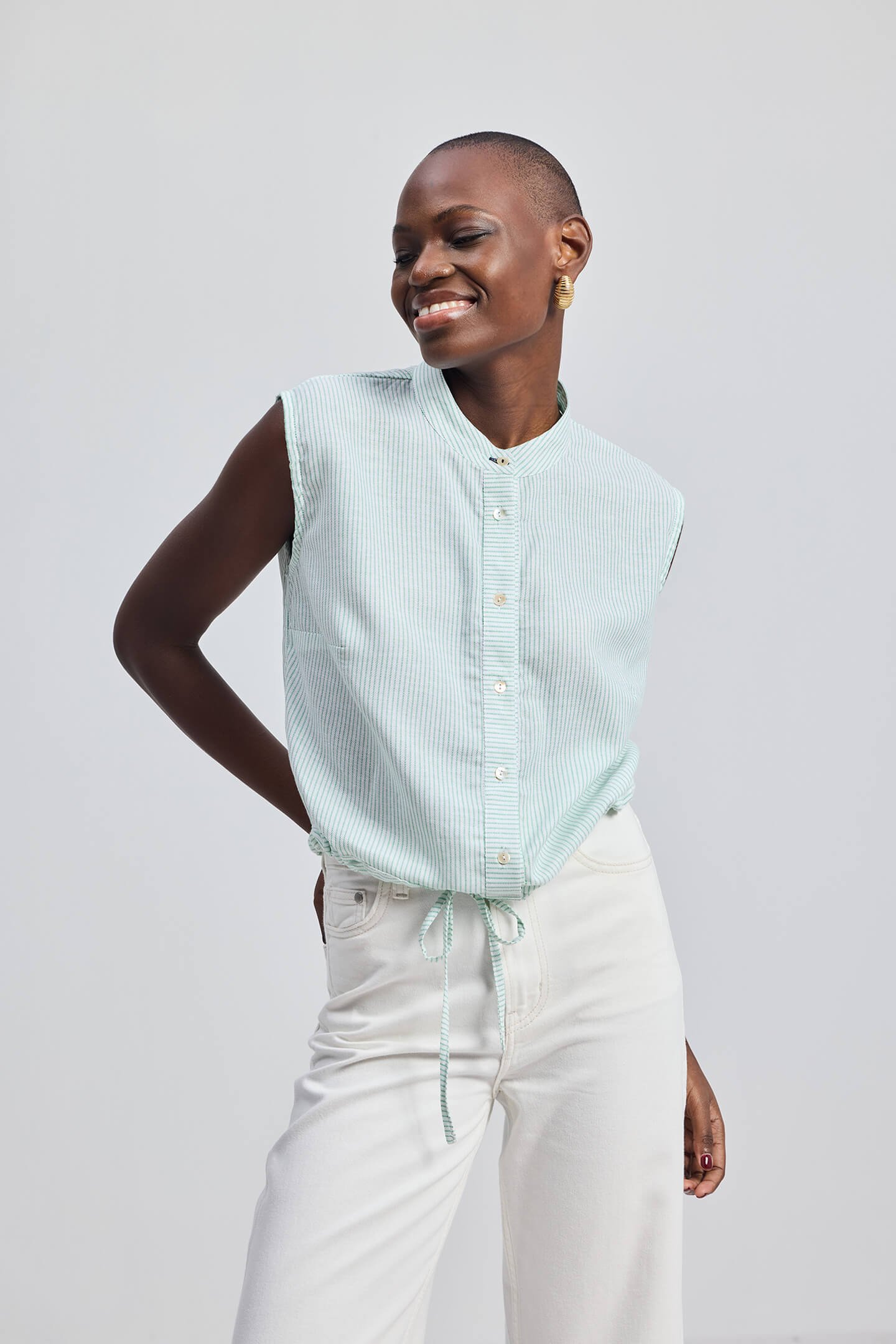 Button Down Shirt with Drawstring Waist in Light Green - Image 2