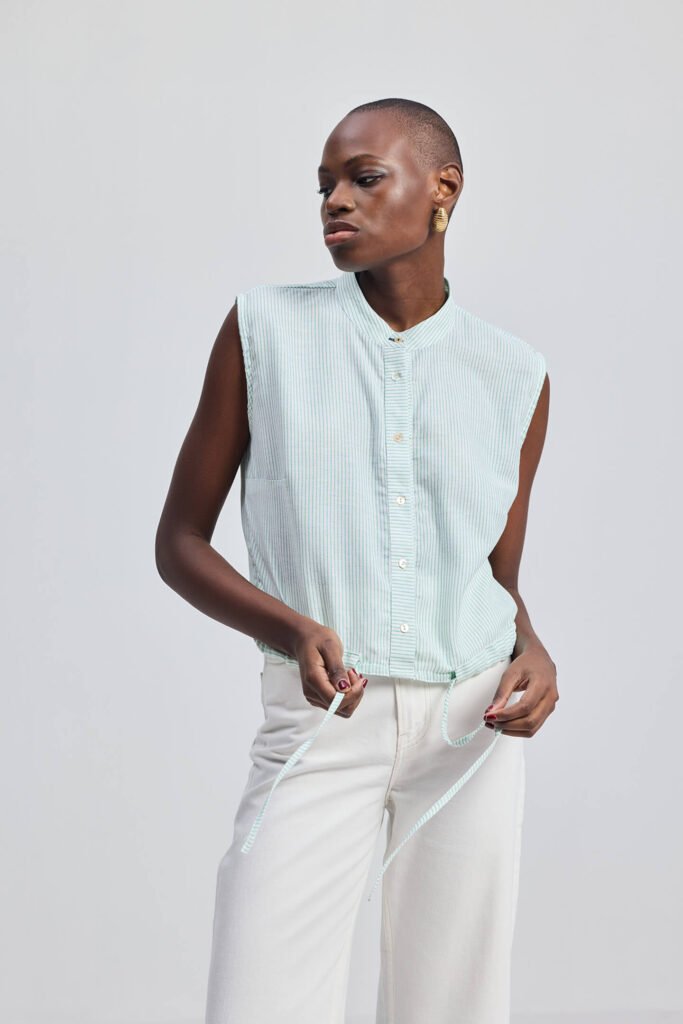 Button Down Shirt with Drawstring Waist in Light Green