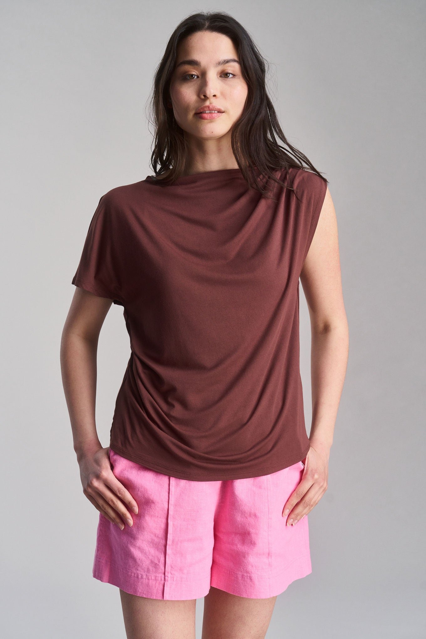 Cate Modal Jersey Draped Asymmetrical Top in Chocolate - Image 2