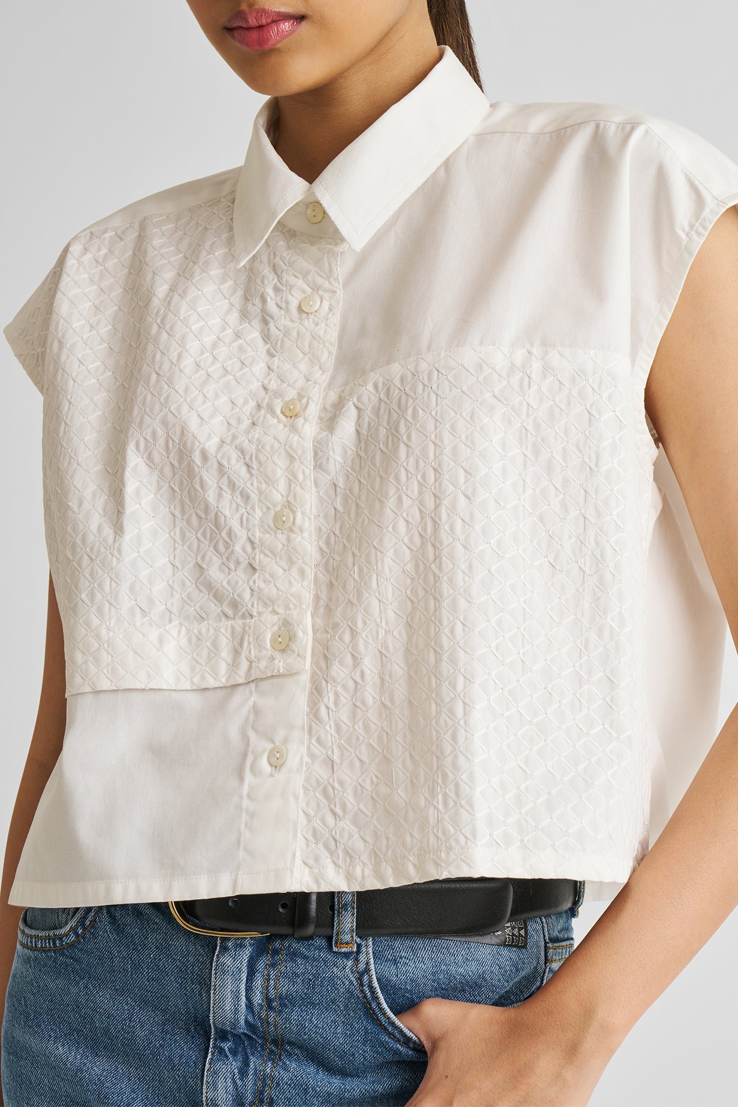 Embroidered Cropped Button Down Shirt in White - Image 2