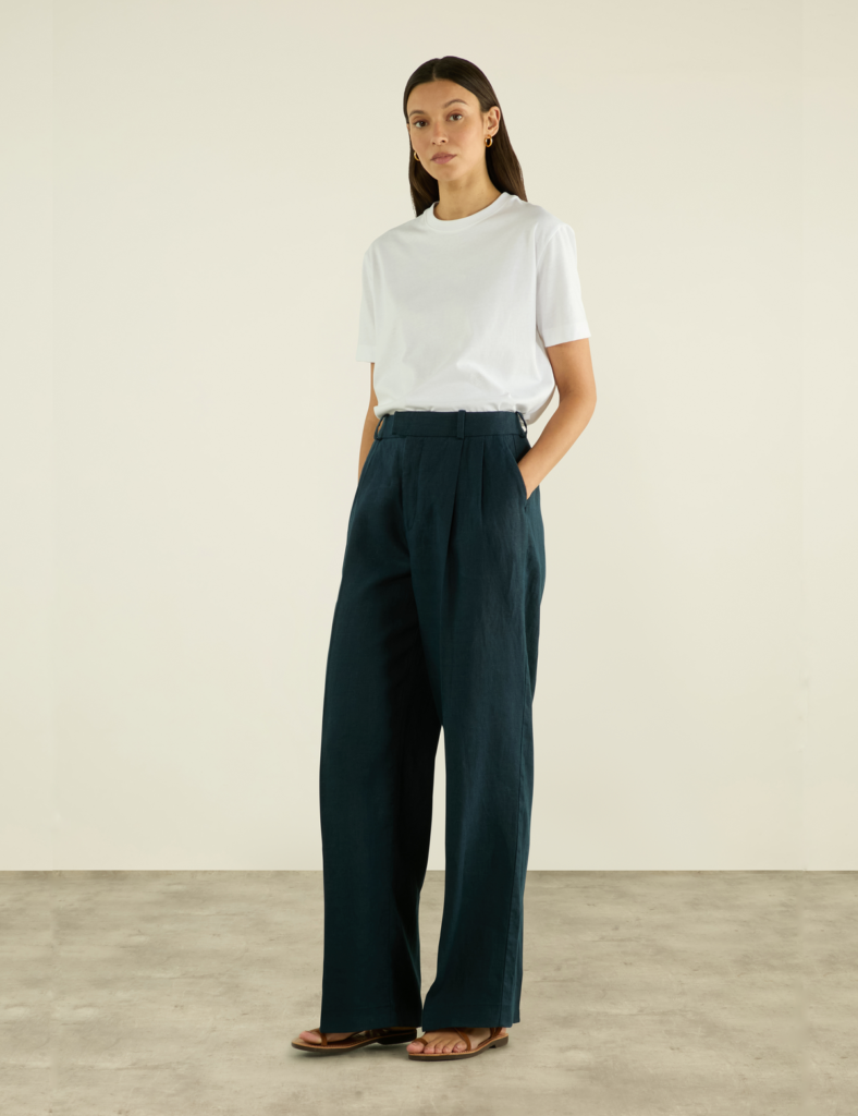 Linen Rampling High Waisted Wide Leg Trouser in Navy