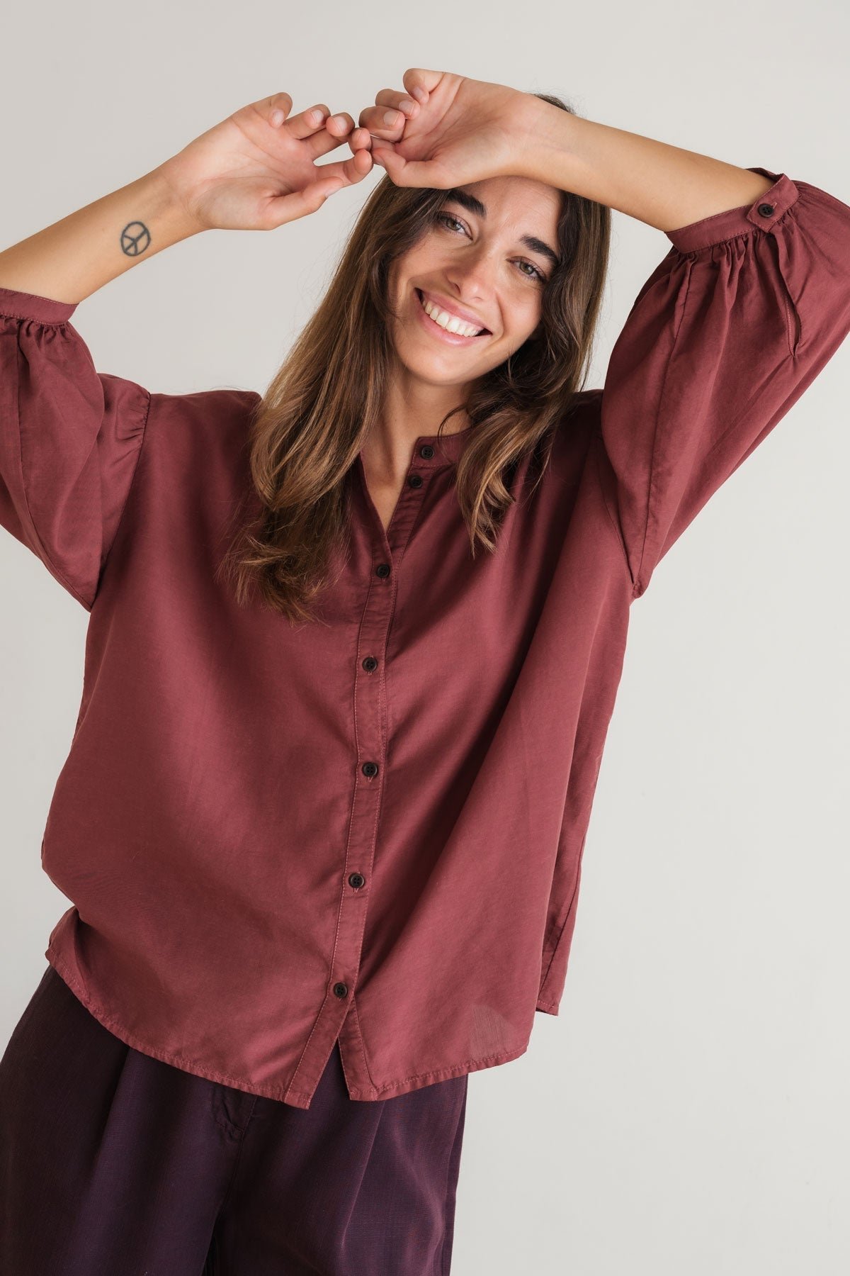 Gabriela Tencel and Linen Shirt in Burnt Berry - Image 3