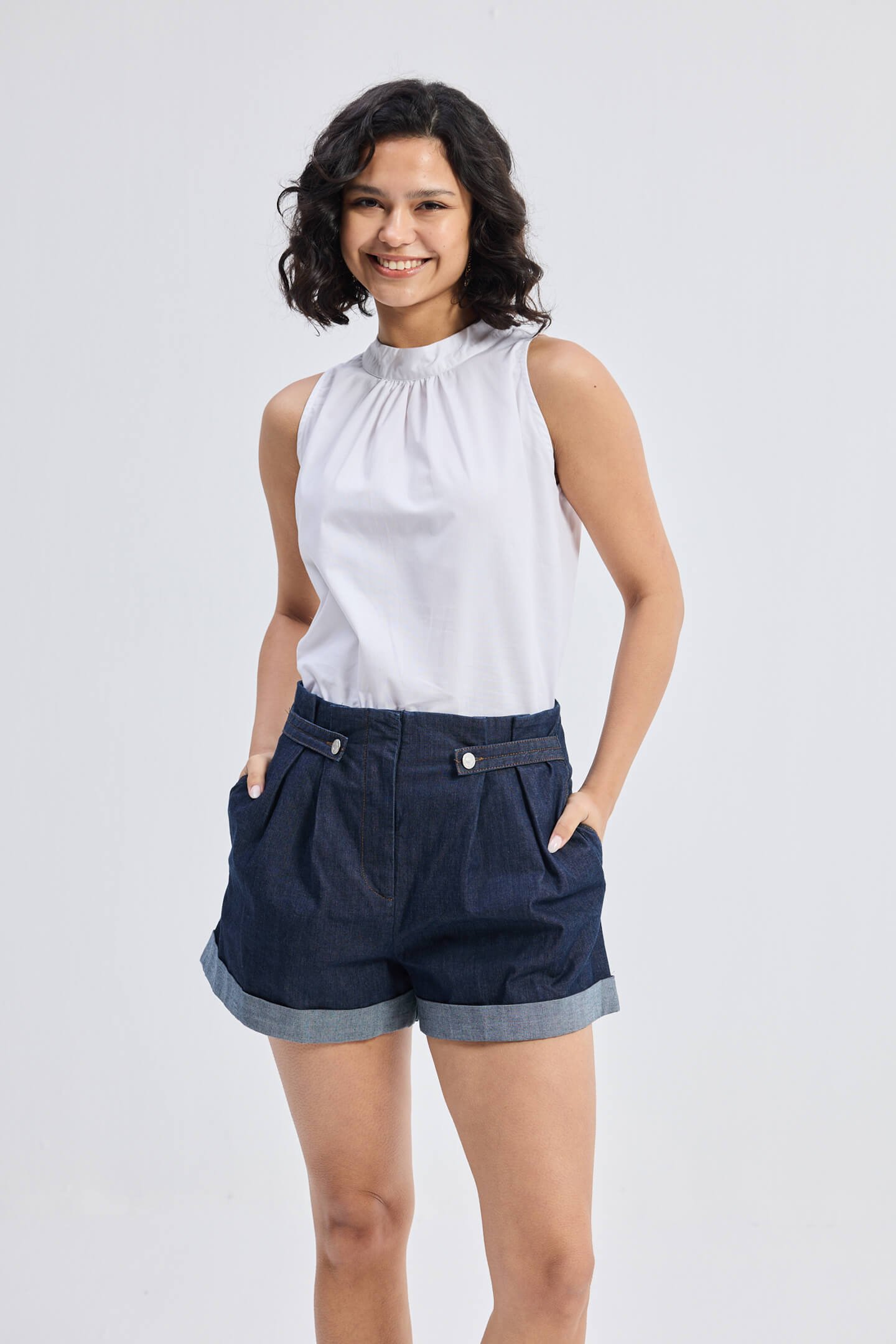 High Neck Top with Gathers in White - Image 3