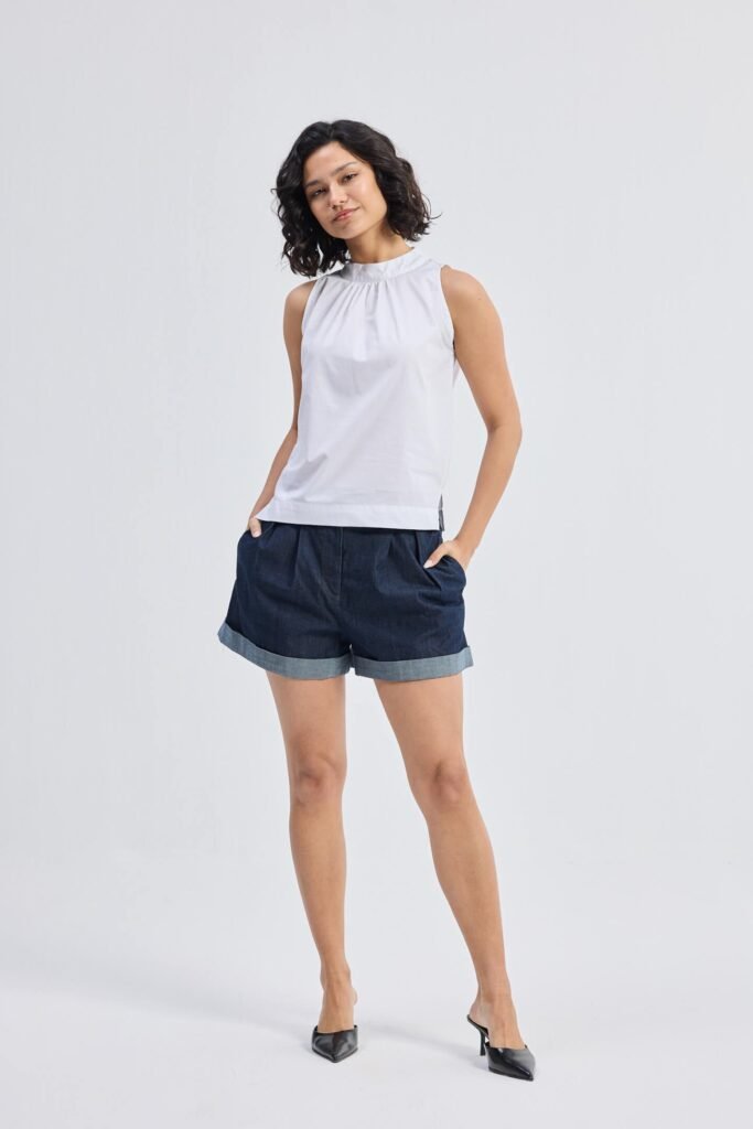 High Neck Top with Gathers in White