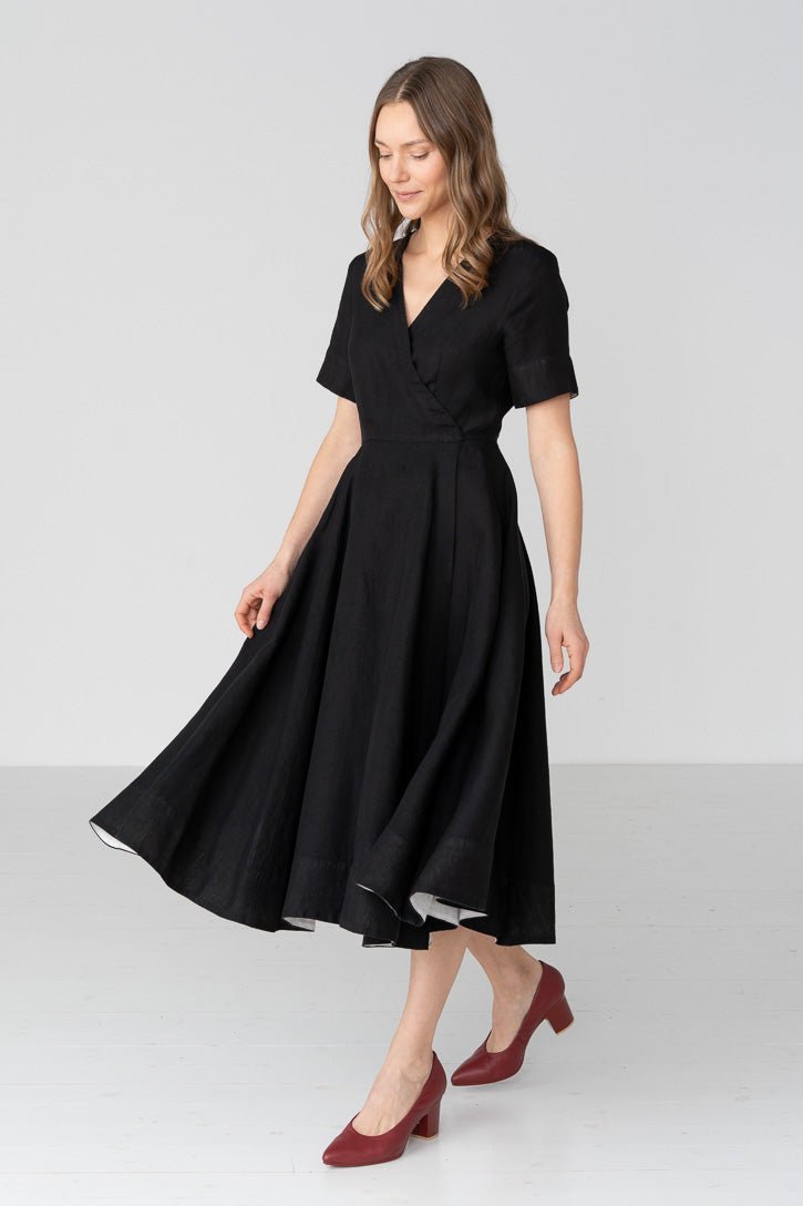 Linen V-Neck Wrap Midi Dress in Black - Image 3