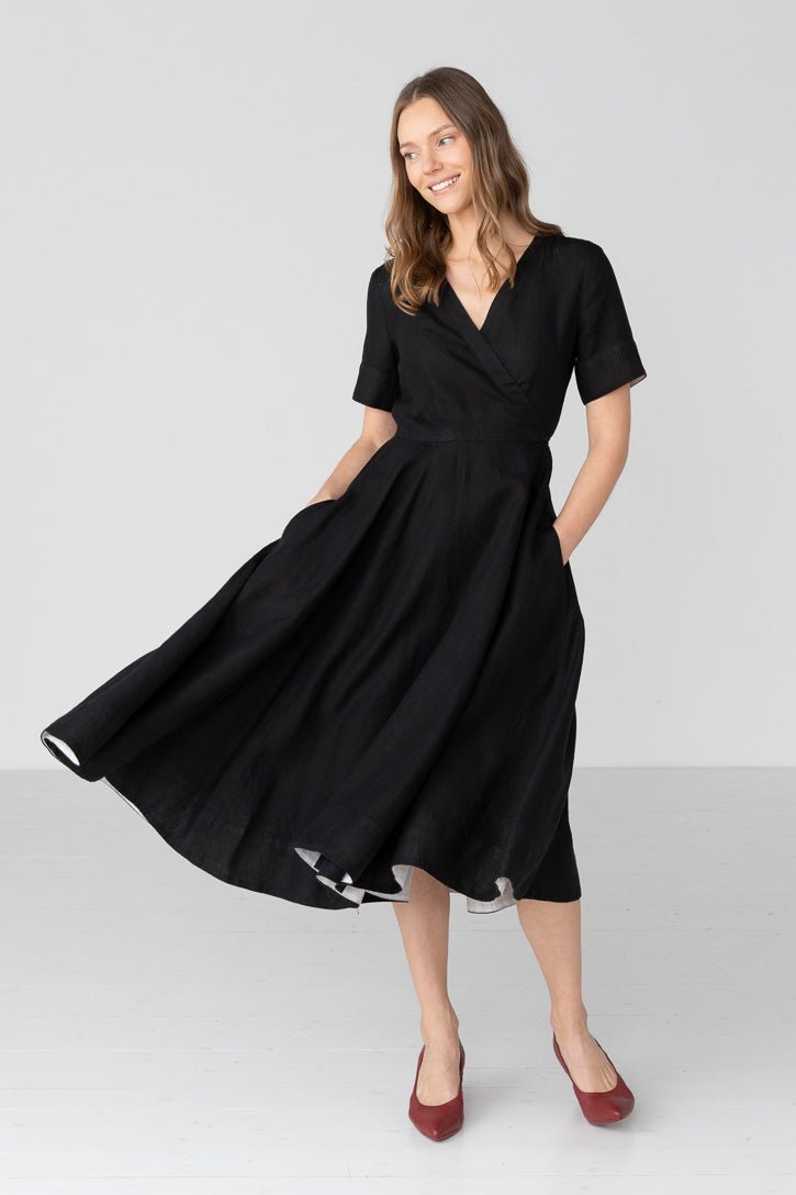 Linen V-Neck Wrap Midi Dress in Red - Image 4