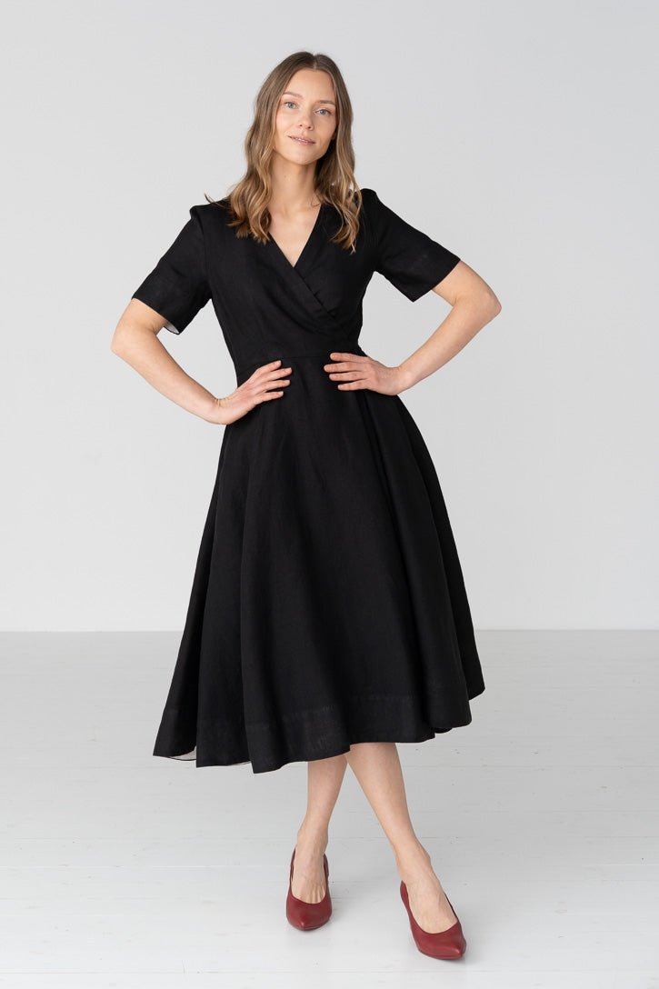 Linen V-Neck Wrap Midi Dress in Red - Image 5
