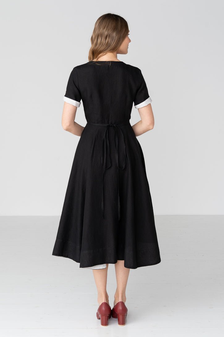 Linen V-Neck Wrap Midi Dress in Black - Image 4