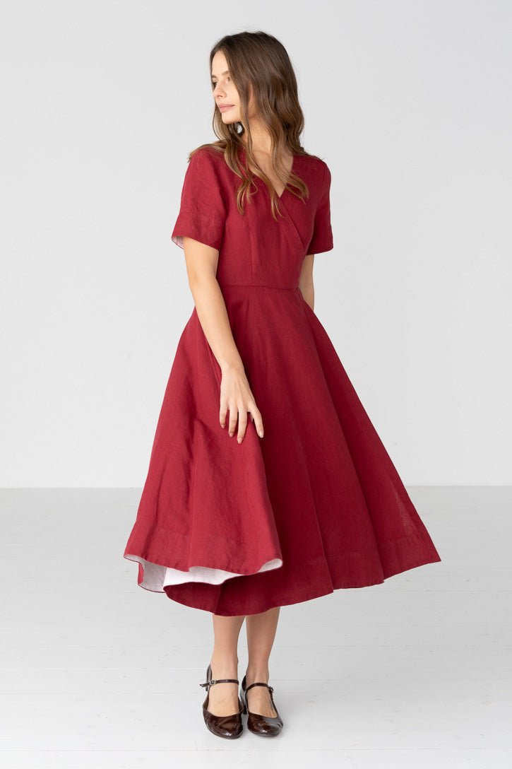 Linen V-Neck Wrap Midi Dress in Black - Image 5