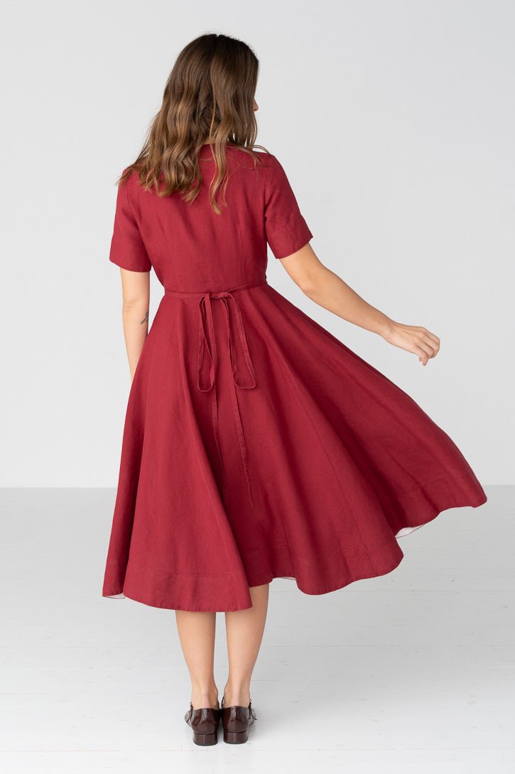 Linen V-Neck Wrap Midi Dress in Green - Image 5