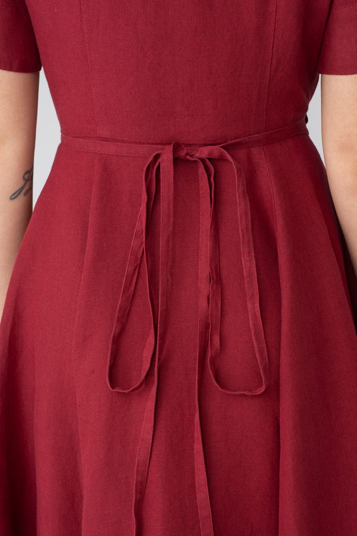 Linen V-Neck Wrap Midi Dress in Red - Image 3