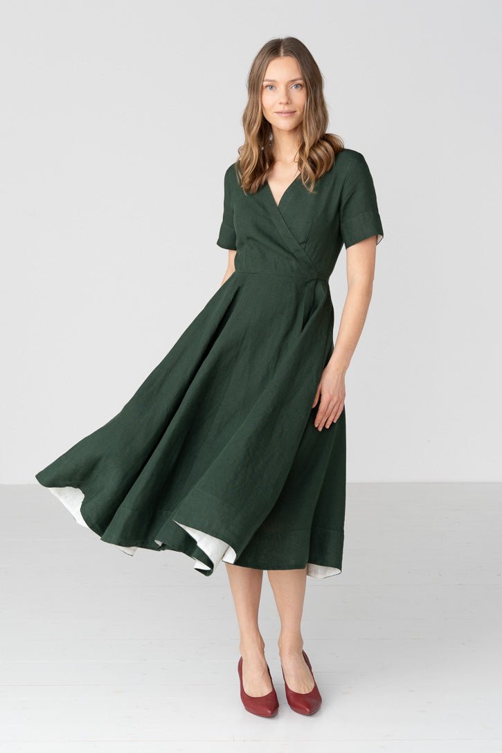 Linen V-Neck Wrap Midi Dress in Green - Image 2