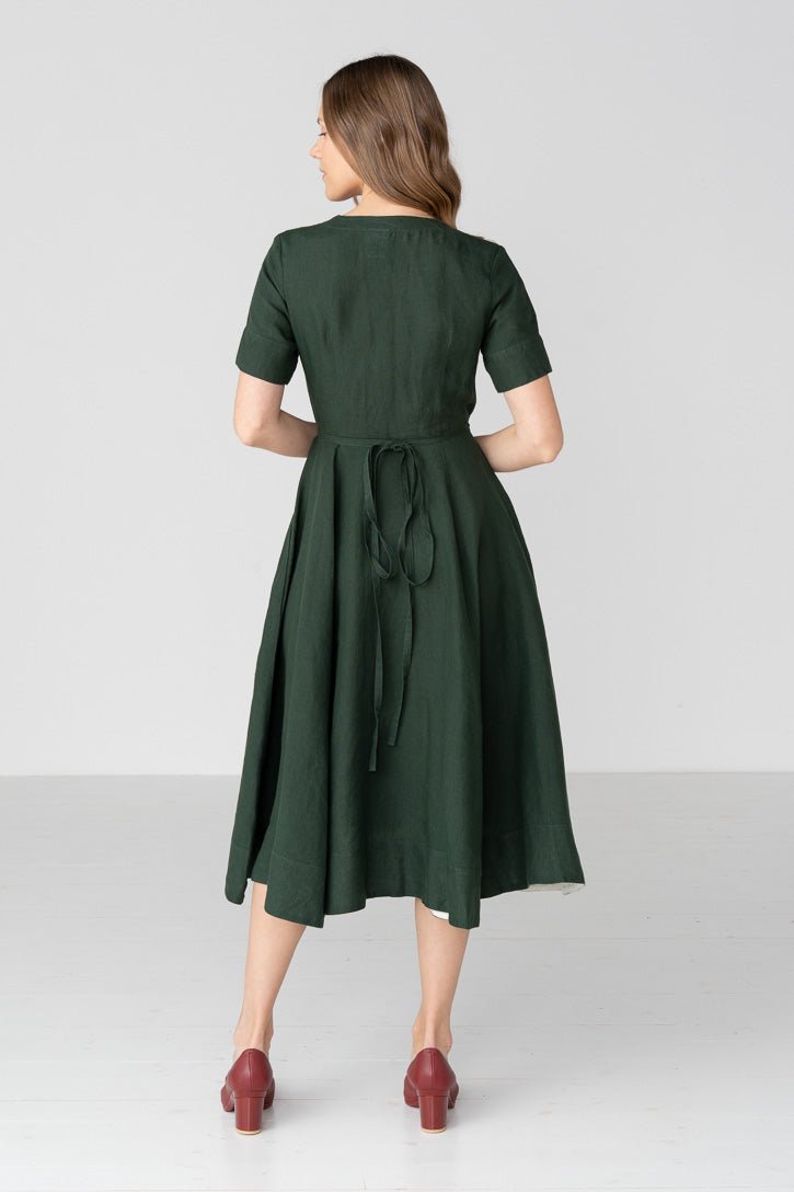 Linen V-Neck Wrap Midi Dress in Green - Image 3