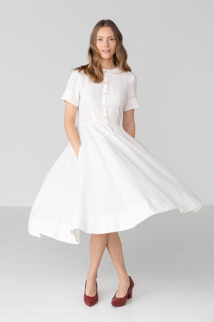 Classic Short Sleeve Linen Dress in White - Image 3