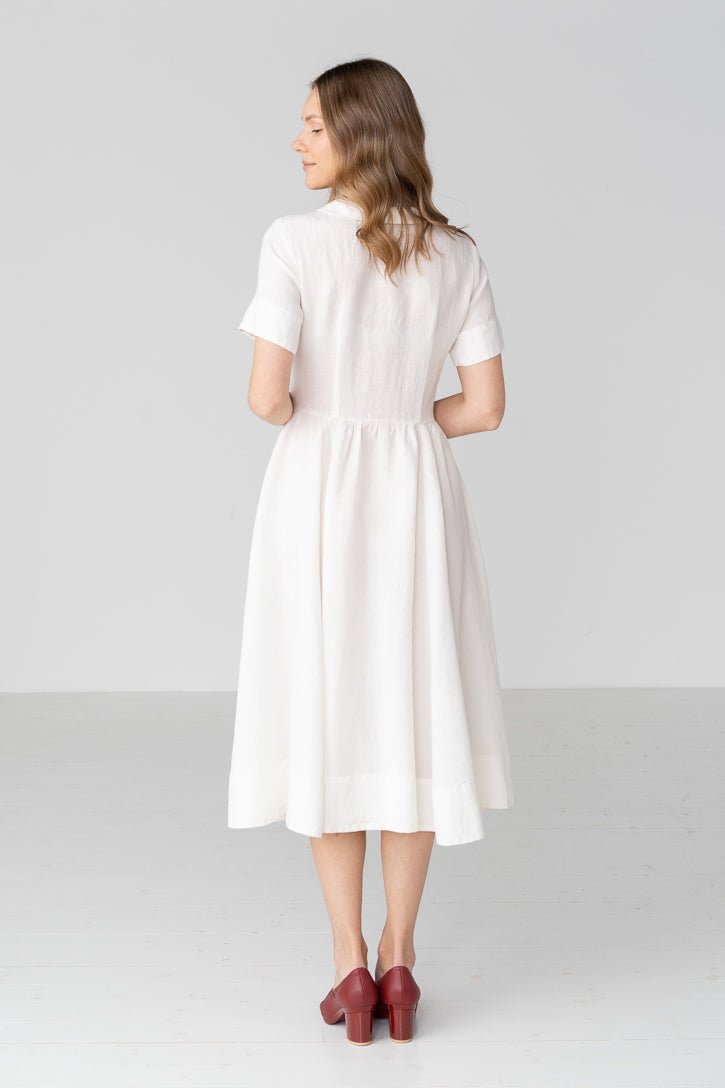 Classic Short Sleeve Linen Dress in White - Image 4