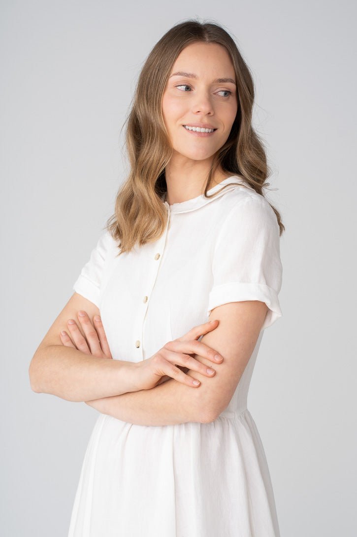Classic Short Sleeve Linen Dress in White - Image 2